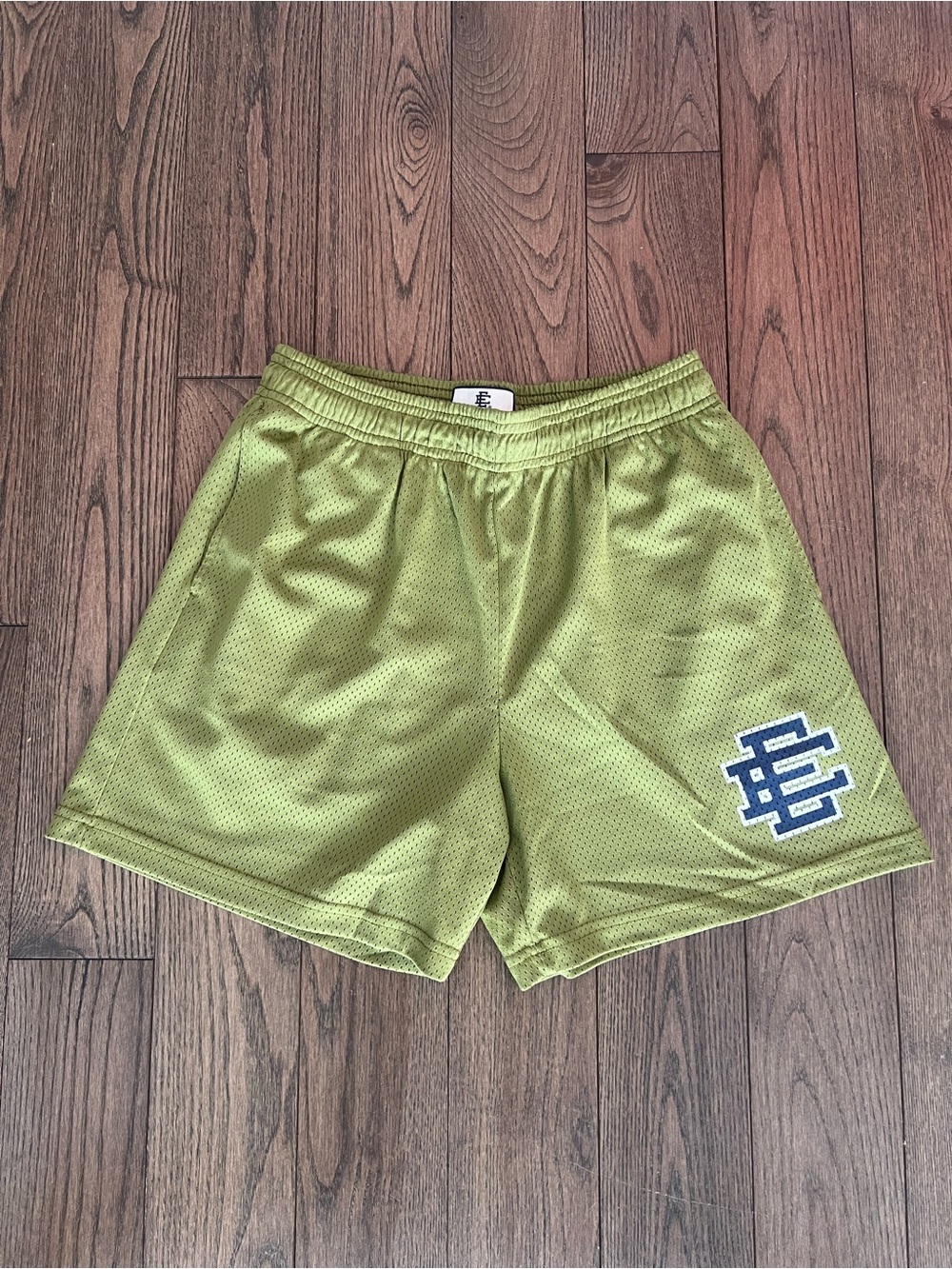Eric Emanuel Olive Green Mesh Shorts with Navy Logo Patch